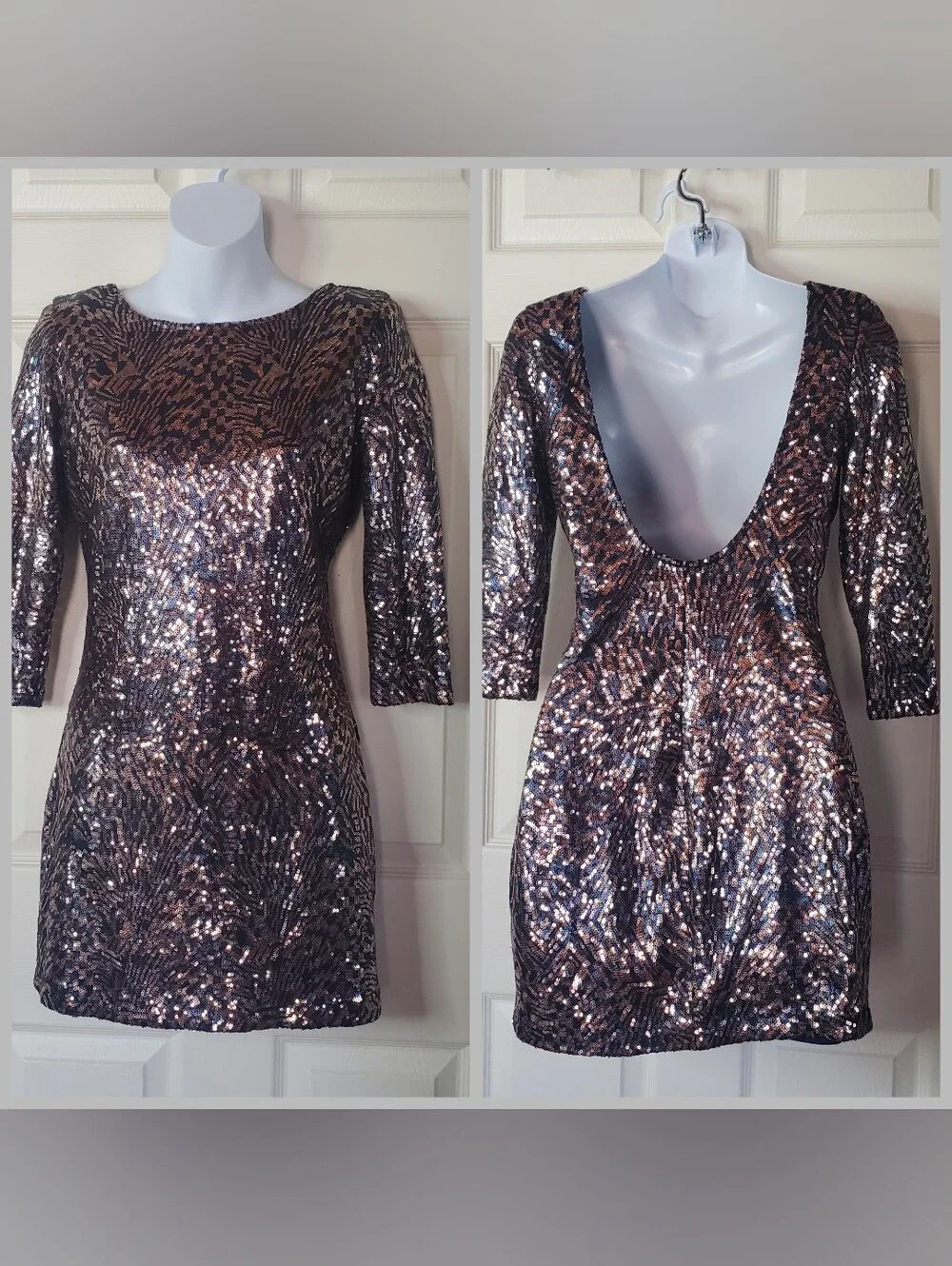 Y2K Vintage Bronze Sequin Mini Dress Open Back Glam Party Clubwear Slip-on Small